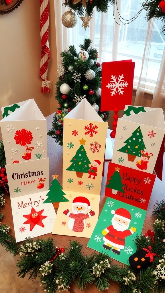 A collection of creative Christmas cards decorated with stickers, showcasing festive designs on a holiday-themed table.